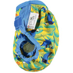 A side view of The Close Parent Pop-in reusable nappy wrap cover with velcro closures, in a parrot print
