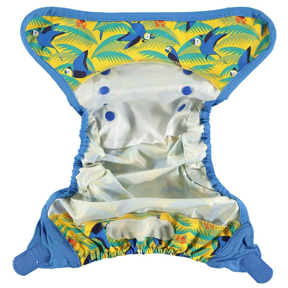 The Close Parent Pop-in reusable nappy wrap cover with velcro closures, opened to show the inside