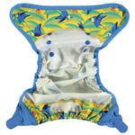 The Close Parent Pop-in reusable nappy wrap cover with velcro closures, opened to show the inside