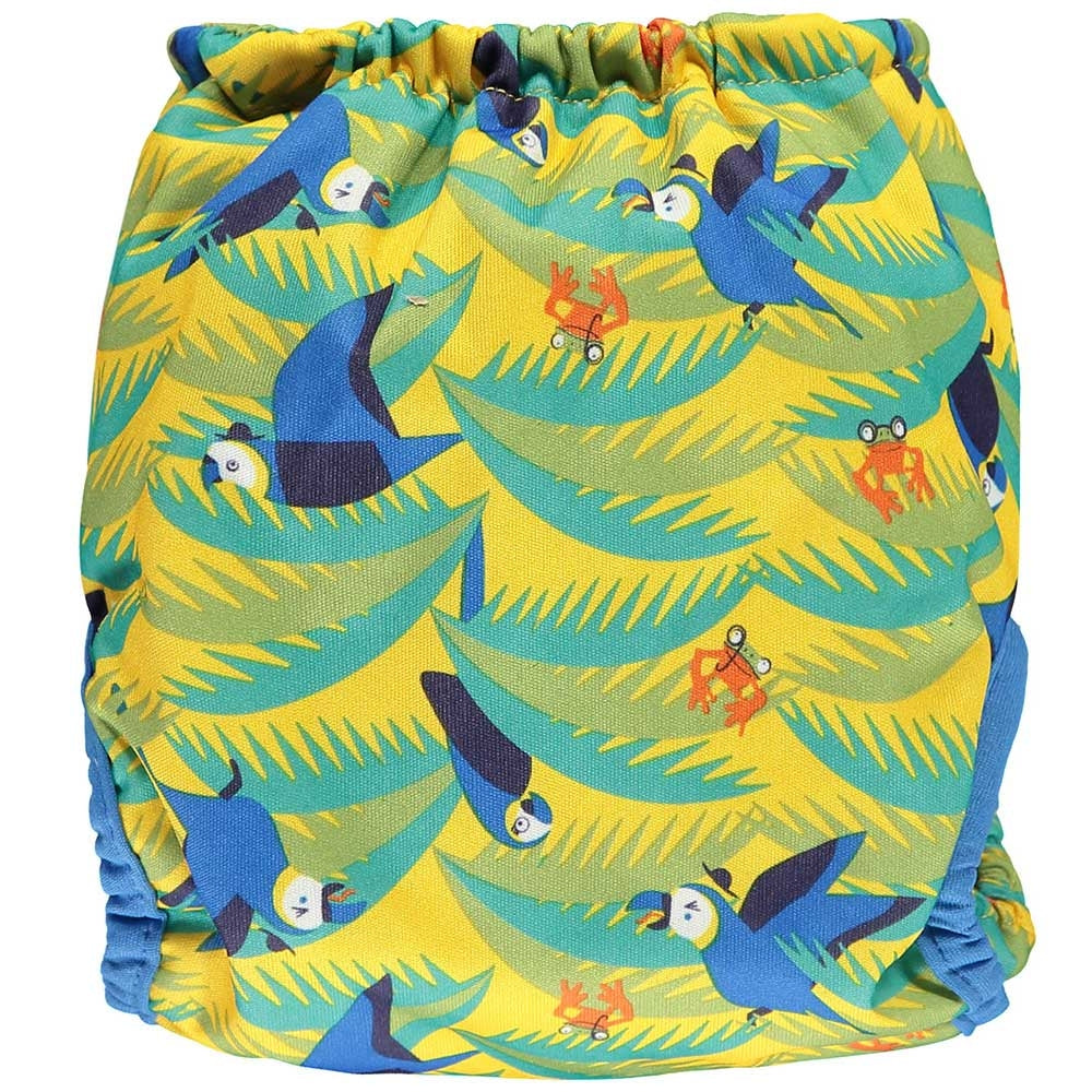 The back of The Close Parent Pop-in reusable nappy wrap cover with velcro closures, in a parrot print