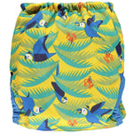 The back of The Close Parent Pop-in reusable nappy wrap cover with velcro closures, in a parrot print