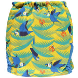 The back of The Close Parent Pop-in reusable nappy wrap cover with velcro closures, in a parrot print
