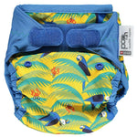 The Close Parent Pop-in reusable nappy wrap cover with velcro closures, in a parrot print