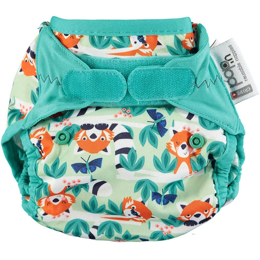 The Close Parent Pop-in reusable nappy wrap cover with velcro closures, in a red panda print