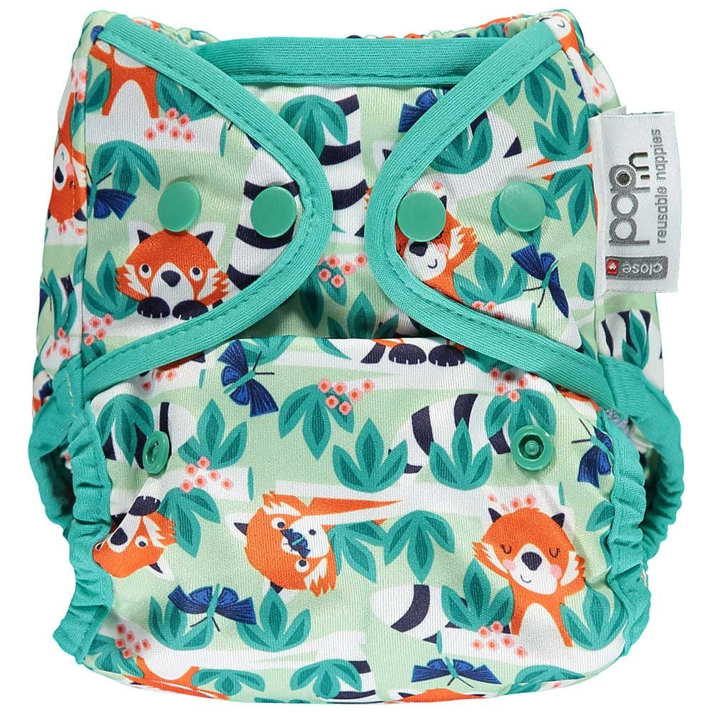 The Close Pop-In +bamboo reusable cloth nappy with adjustable popper closures, in a red fox print