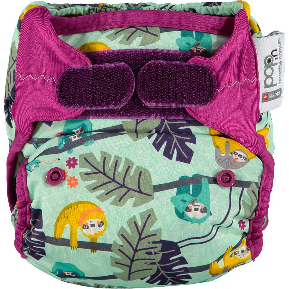 The Close Parent Pop-in reusable nappy wrap cover with velcro closures, in a sloth print