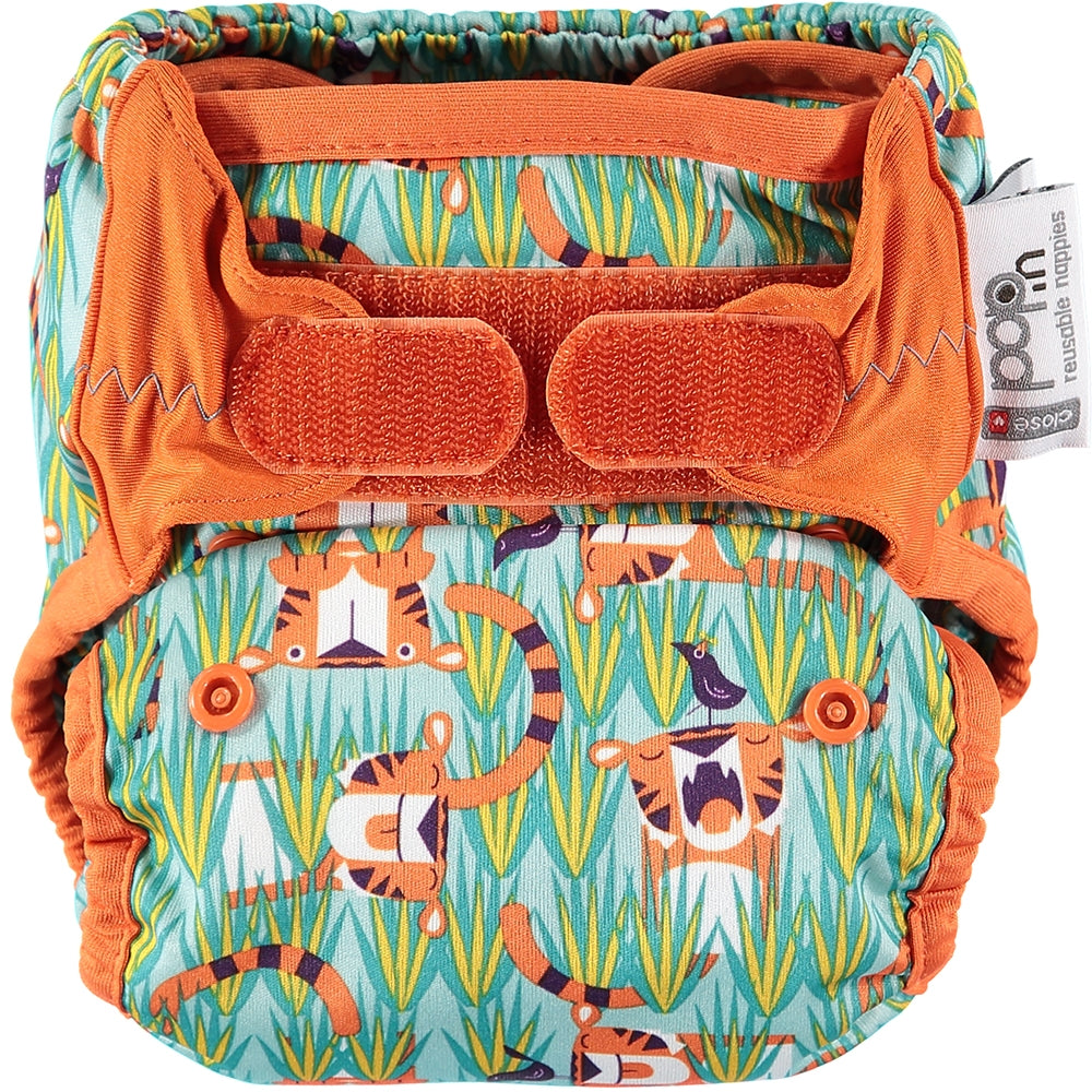 The Close Parent Pop-in reusable nappy wrap cover with velcro closures, in a jungle tiger print