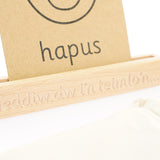Coach House Welsh emotions flashcard in the wooden flashcard stand on a white background