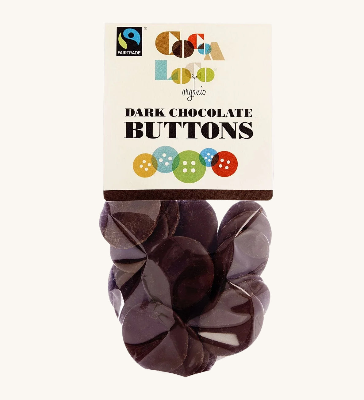 Cocoa Loco Dark Chocolate Buttons in a 100g pack. These chocolate buttons are organic, Fairtrade and free from UPF. 