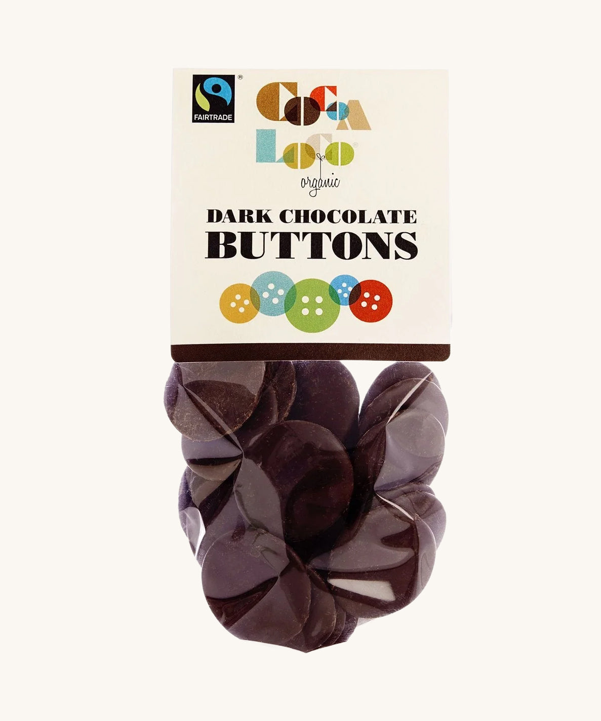 Cocoa Loco Dark Chocolate Buttons in a 100g pack. These chocolate buttons are organic, Fairtrade and free from UPF. 