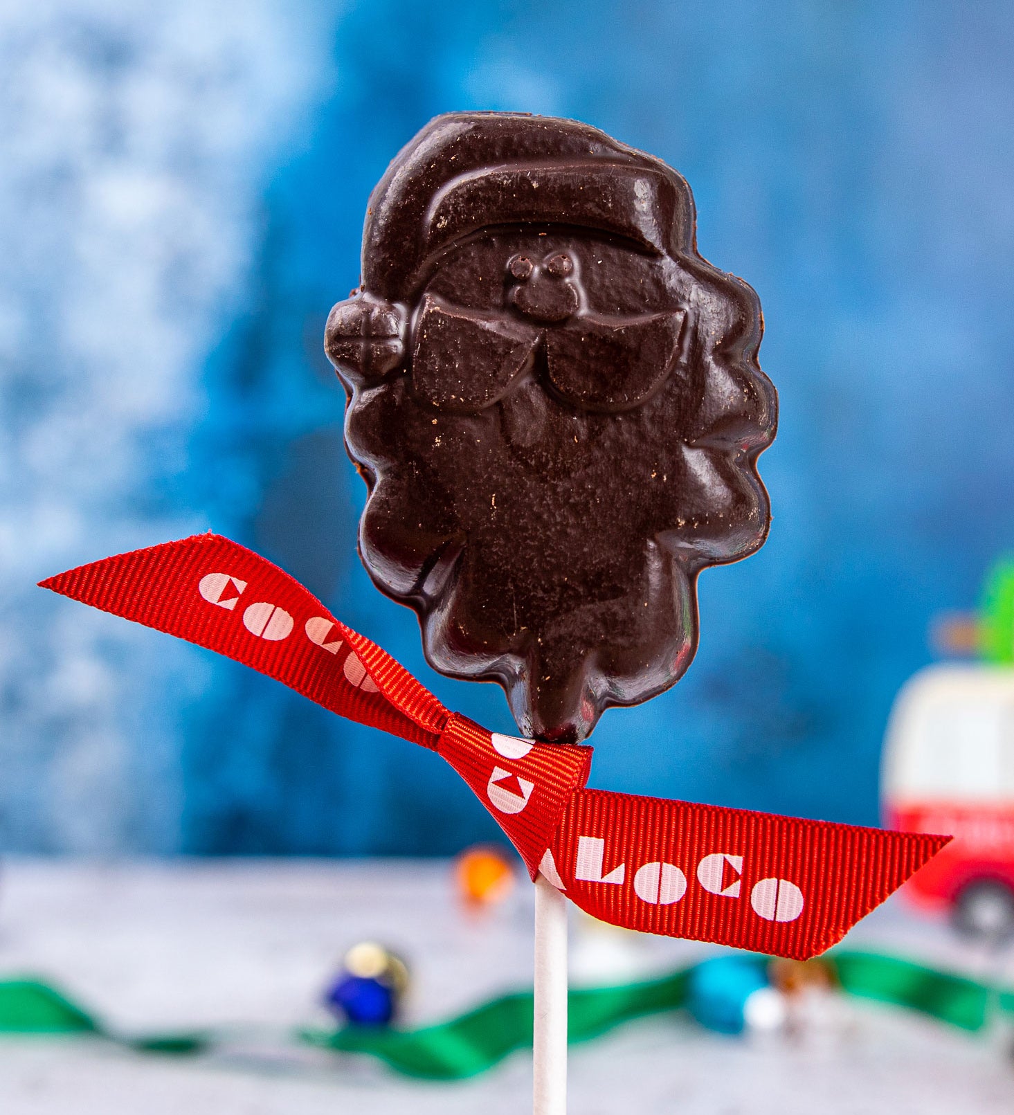 A Cocoa Loco Dark Chocolate Santa Lolly. These dark chocolate Christmas lollies are free from UPF ingredients. 