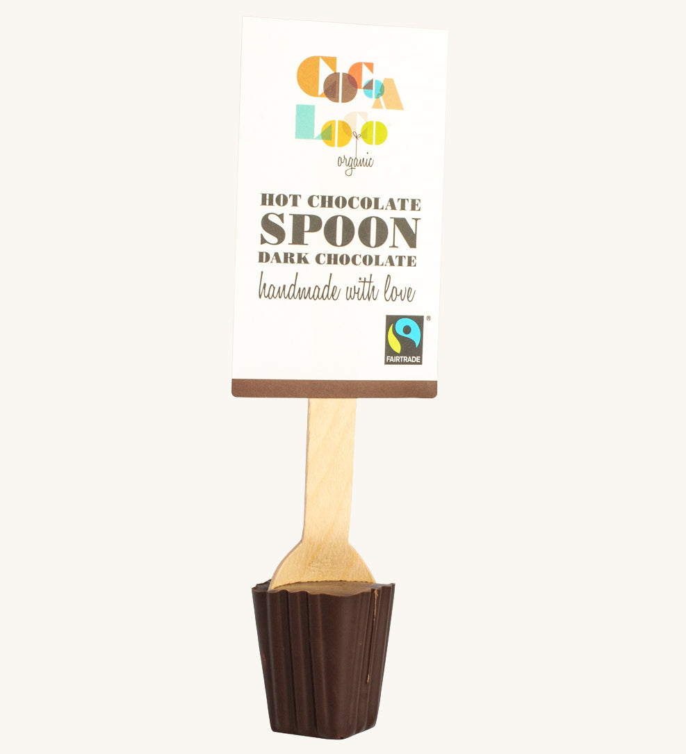 Cocoa Loco dark Hot Chocolate Spoon. 30g of UPF free, organic, Fairtrade dark chocolate on a wooden spoon.