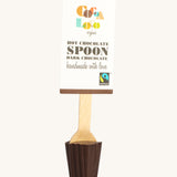 Cocoa Loco dark Hot Chocolate Spoon. 30g of UPF free, organic, Fairtrade dark chocolate on a wooden spoon.