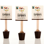 3 Cocoa Loco organic Fairtrade dark hot chocolate spoons on a white background