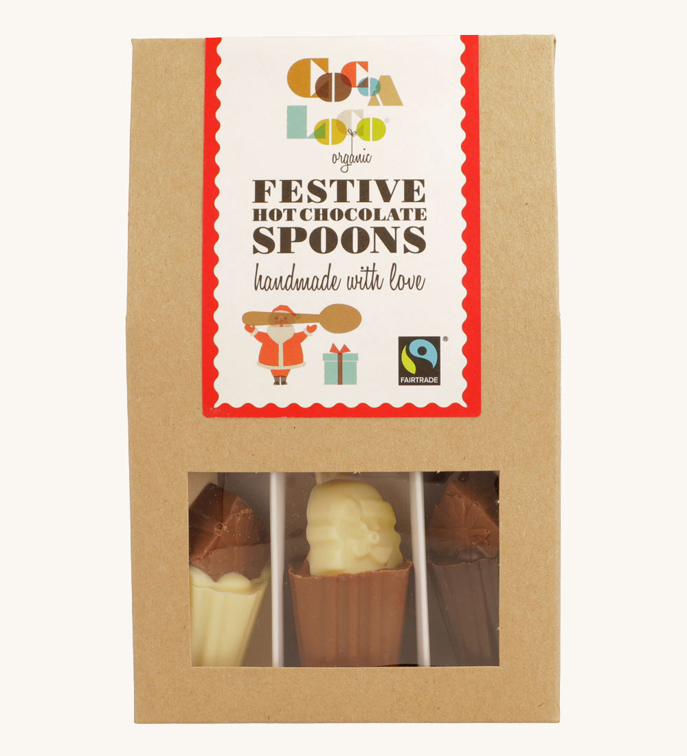 Cocoa Loco Festive hot chocolate Spoon Set. These Christmas themed hot chocolate spoons are made with UPF free chocolate. 