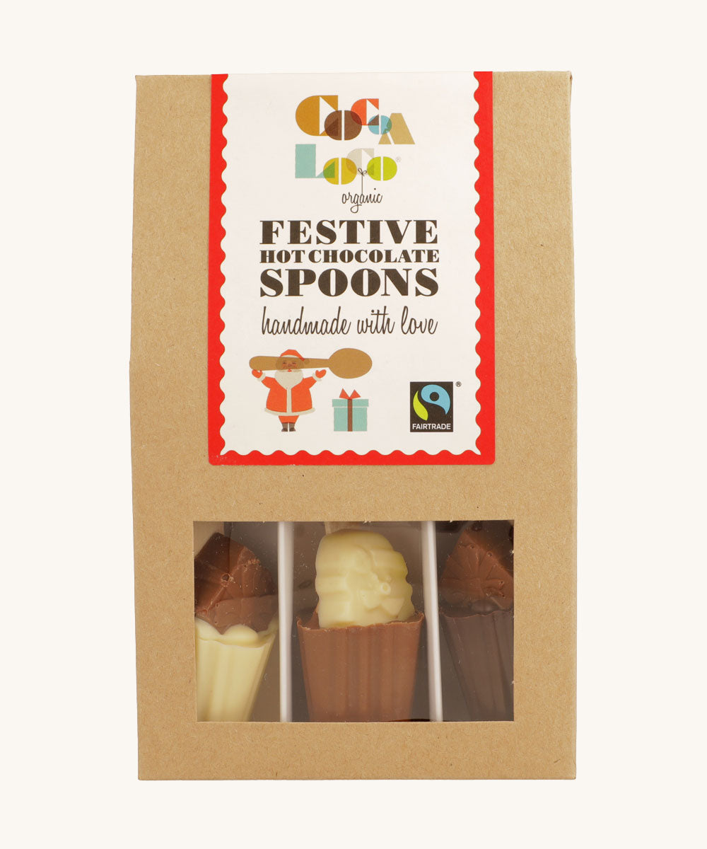 Cocoa Loco Festive hot chocolate Spoon Set. These Christmas themed hot chocolate spoons are made with UPF free chocolate. 