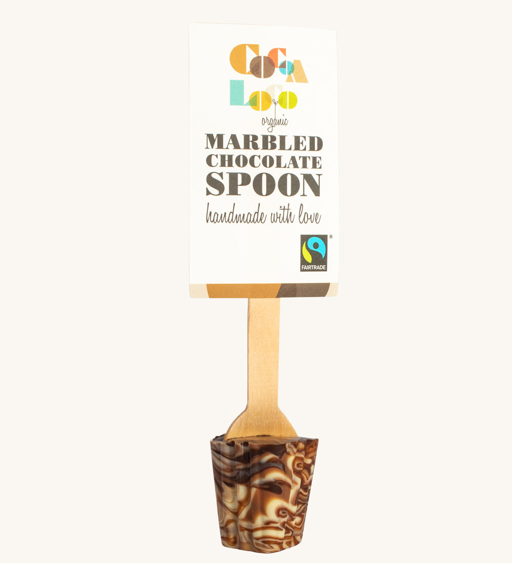 Cocoa Loco Marbled Hot Chocolate Spoon. 30g of UPF free, organic, Fairtrade marbles chocolate on a wooden spoon.