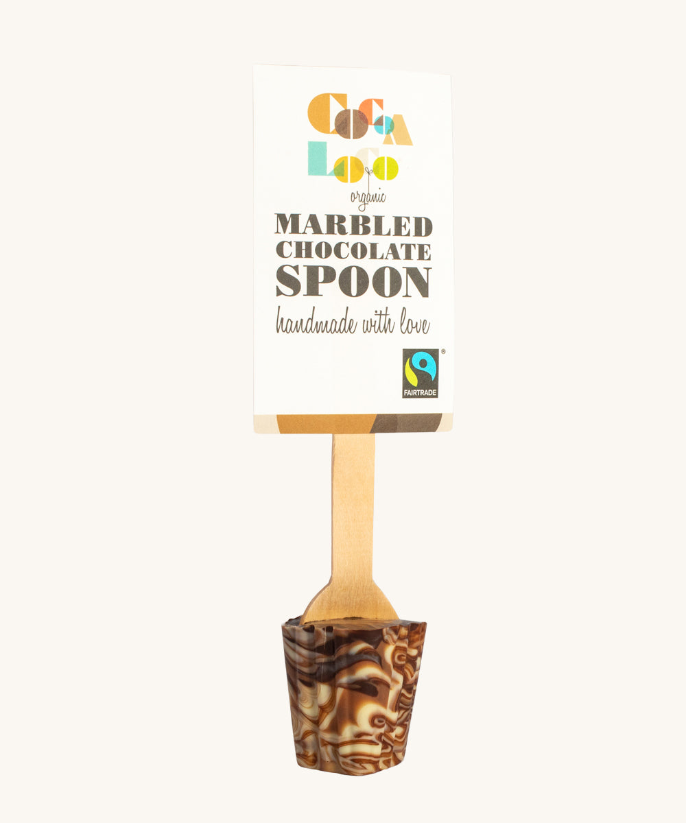 Cocoa Loco Marbled Hot Chocolate Spoon. 30g of UPF free, organic, Fairtrade marbles chocolate on a wooden spoon.