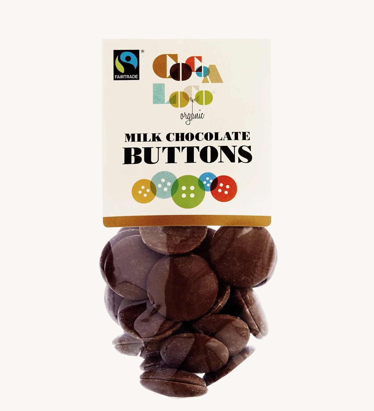 Cocoa Loco Milk Chocolate Buttons in a 100g pack. These chocolate buttons are organic, Fairtrade and free from UPF.