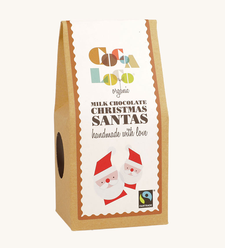 A pack of Cocoa Milk Chocolate Santas. These Chrimas Santa shaped santas are made with UPF free, organic and Fairtrade chocolates. 