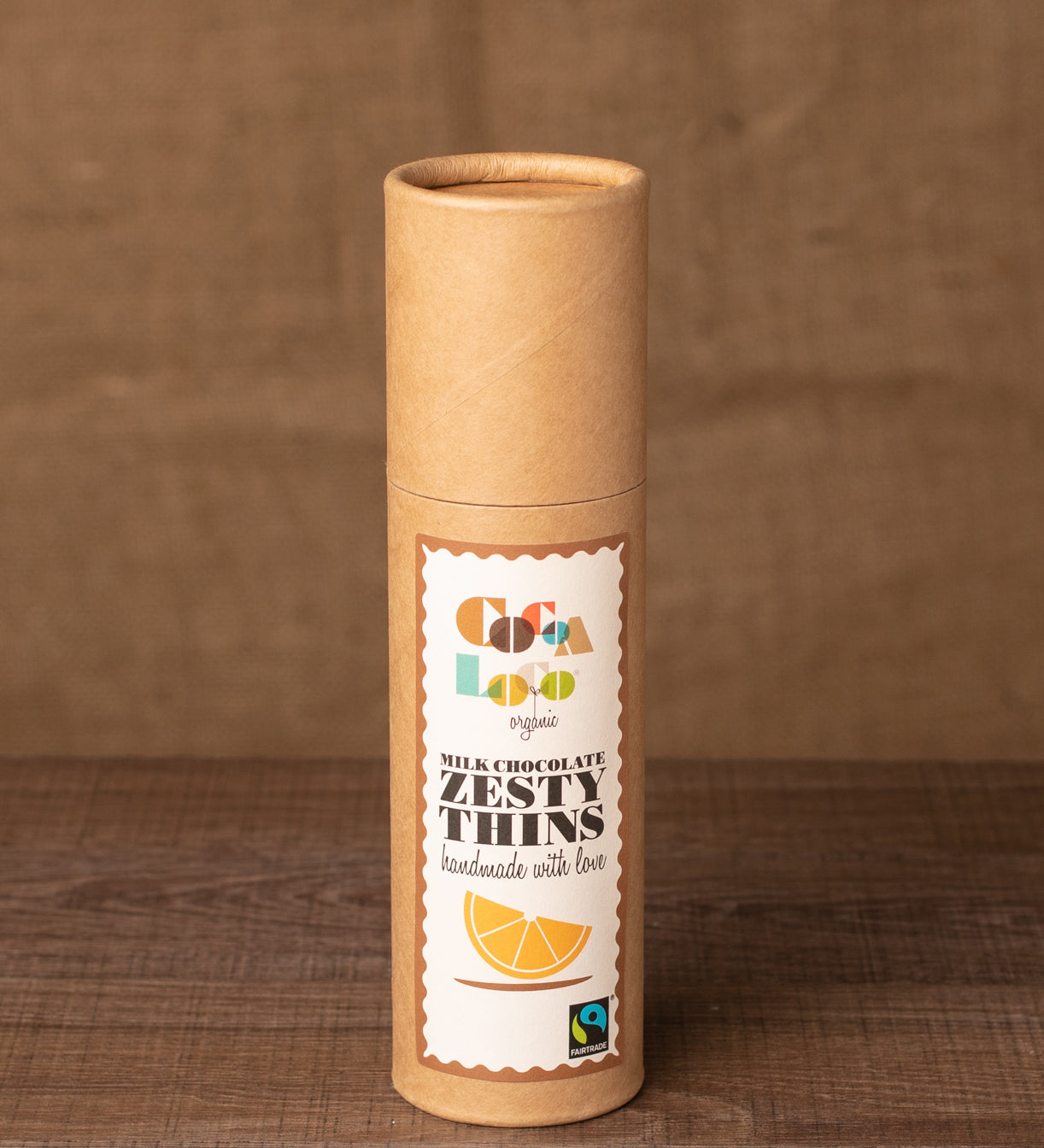 Cocoa Loco Milk Chocolate & Orange Thins 170g. These chocolate thins are Fairtrade, organic and UPF free.