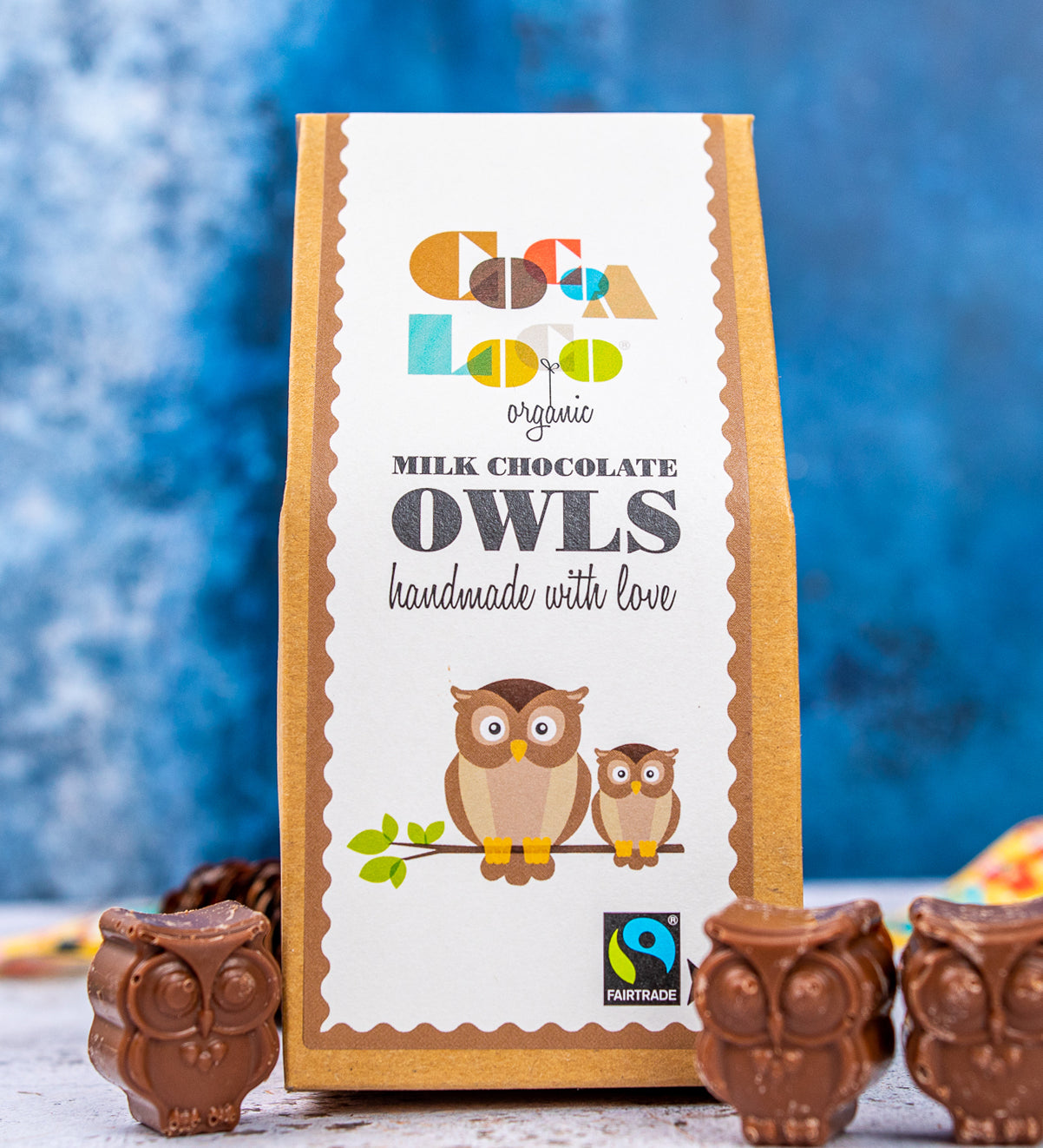 Cocoa Loco Milk Chocolate Owls. UPF free, organic, Fairtrade milk chocolates shaped like owls.