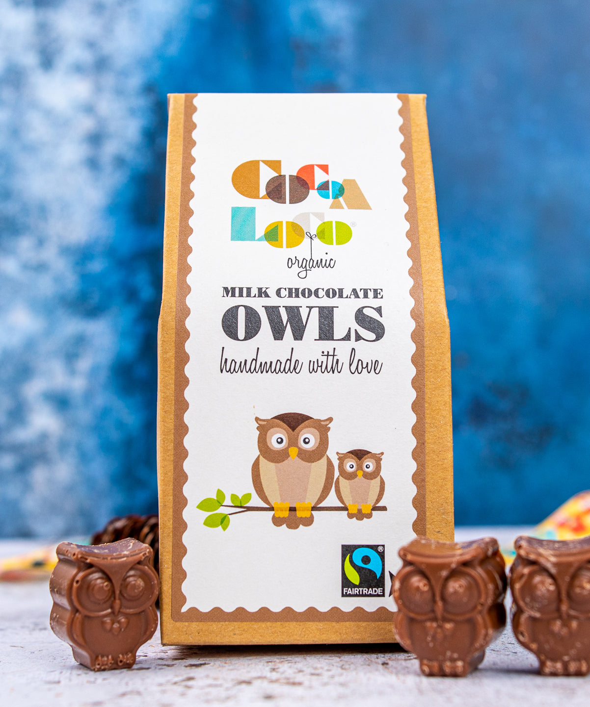 Cocoa Loco Milk Chocolate Owls. UPF free, organic, Fairtrade milk chocolates shaped like owls.