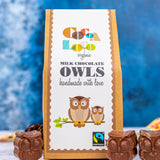 Cocoa Loco Milk Chocolate Owls. UPF free, organic, Fairtrade milk chocolates shaped like owls.
