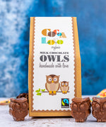 Cocoa Loco Milk Chocolate Owls. UPF free, organic, Fairtrade milk chocolates shaped like owls.