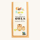 Cocoa Loco Milk Chocolate Owls. UPF free, organic, Fairtrade milk chocolates shaped like owls.