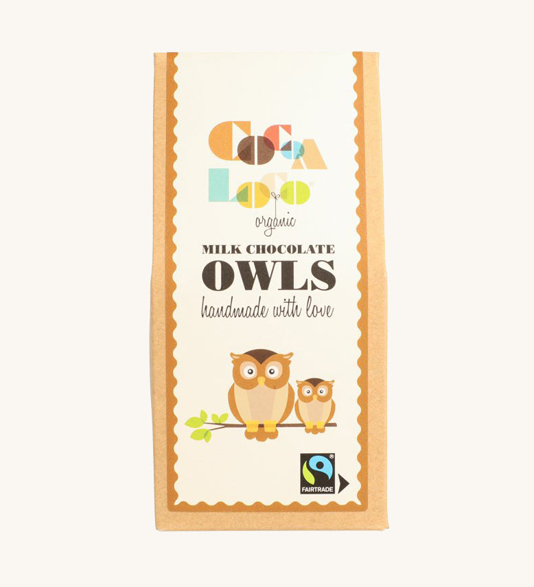 Cocoa Loco Milk Chocolate Owls. UPF free, organic, Fairtrade milk chocolates shaped like owls.