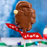 A Cocoa Loco Milk Chocolate Santa Lolly. These milk chocolate Christmas lollies are free from UPF ingredients. 