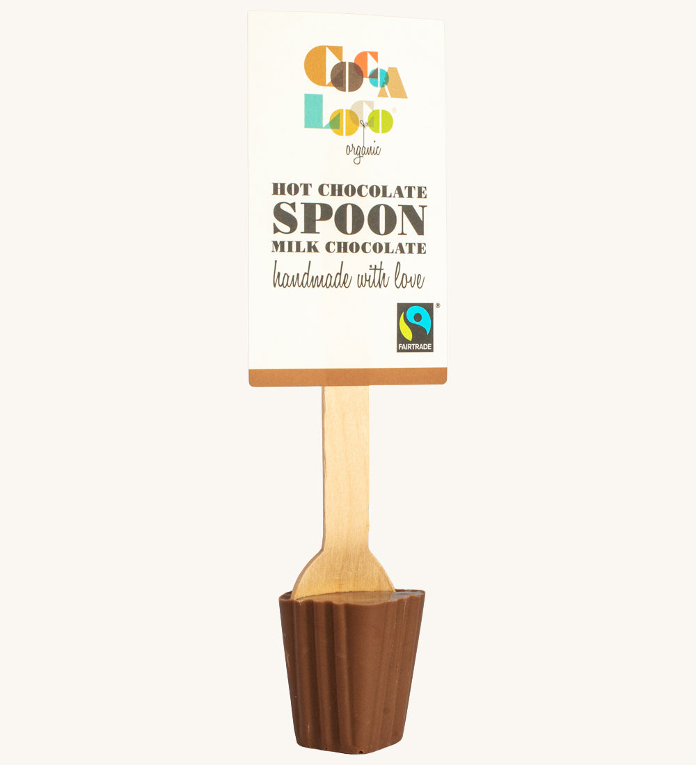 Cocoa Loco Milk Hot Chocolate Spoon. 30g of UPF free, organic, Fairtrade milk chocolate on a wooden spoon.