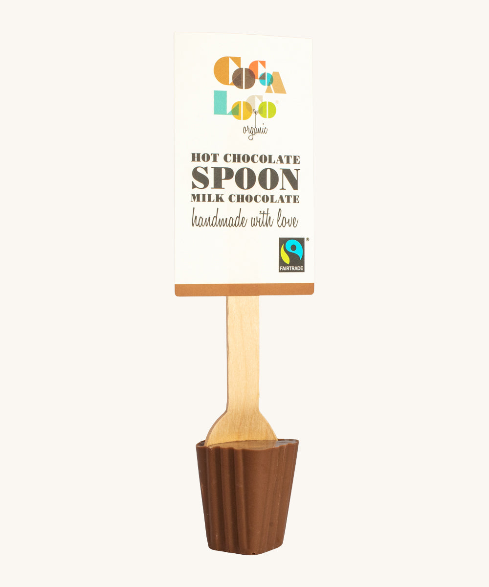 Cocoa Loco Milk Hot Chocolate Spoon. 30g of UPF free, organic, Fairtrade milk chocolate on a wooden spoon.