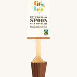 Cocoa Loco Milk Hot Chocolate Spoon. 30g of UPF free, organic, Fairtrade milk chocolate on a wooden spoon.