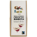 Box of Cocoa Loco organic white and milk chocolate robins on a white background