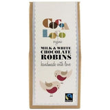 Box of Cocoa Loco organic white and milk chocolate robins on a white background