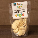 Cocoa Loco White Chocolate Buttons in a 100g pack. These white chocolate buttons are organic, Fairtrade and free from UPF.