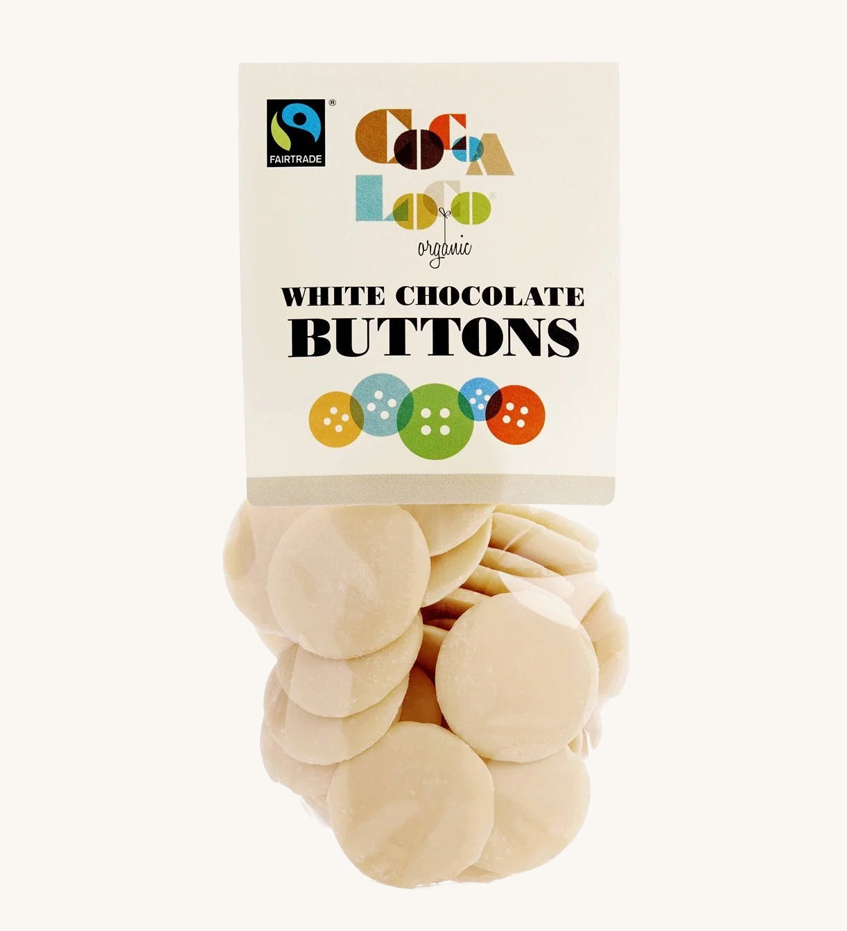 Cocoa Loco White Chocolate Buttons in a 100g pack. These white chocolate buttons are organic, Fairtrade and free from UPF.