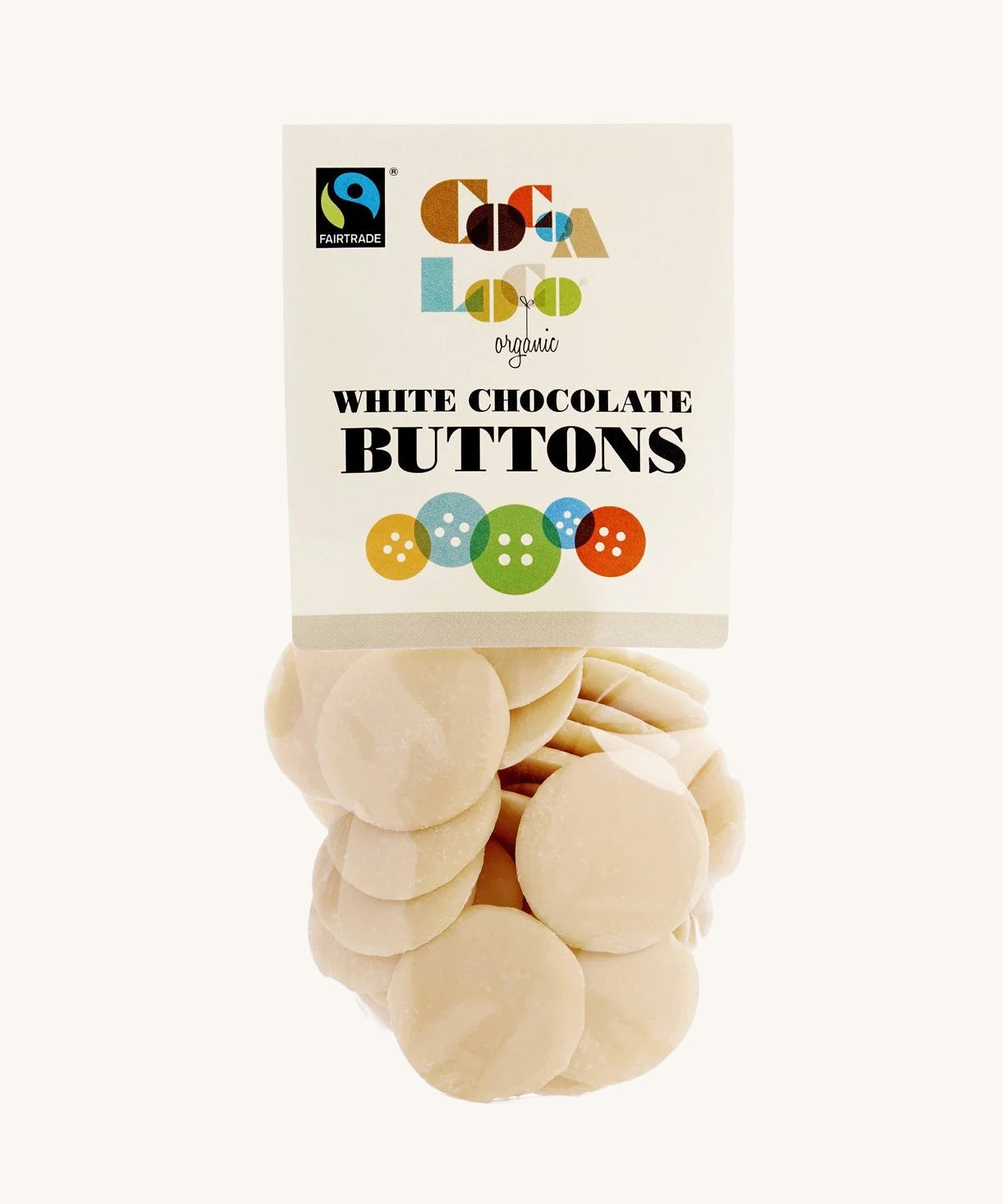 Cocoa Loco White Chocolate Buttons in a 100g pack. These white chocolate buttons are organic, Fairtrade and free from UPF.