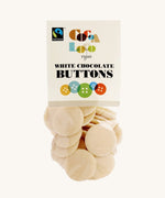 Cocoa Loco White Chocolate Buttons in a 100g pack. These white chocolate buttons are organic, Fairtrade and free from UPF.