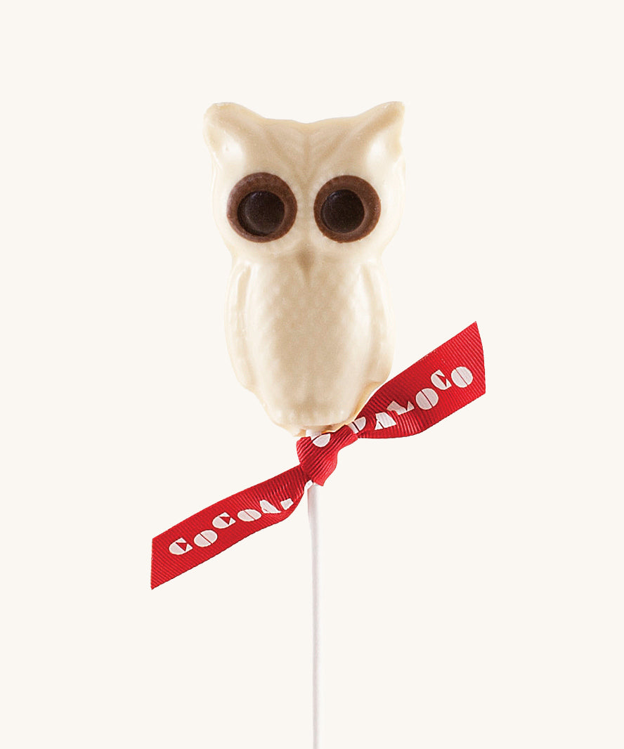 Cocoa Loco White Chocolate Owl. These chocolate lollies are Fairtrade, organic and UPF free.  