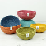 ReSpiin Jute Multicoloured Mini Bowls in various colours show together 