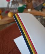 Kite paper squares for crafting. Book of 100 22cm square sheets in various colours. View of side of sheets.