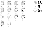 Infographic showing the different pieces in the Cuboro standard 16-piece marble run set