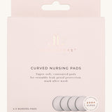 The light pink box of the Lola & Lykke Curved Bamboo Nursing Pads. Includes 4 pads