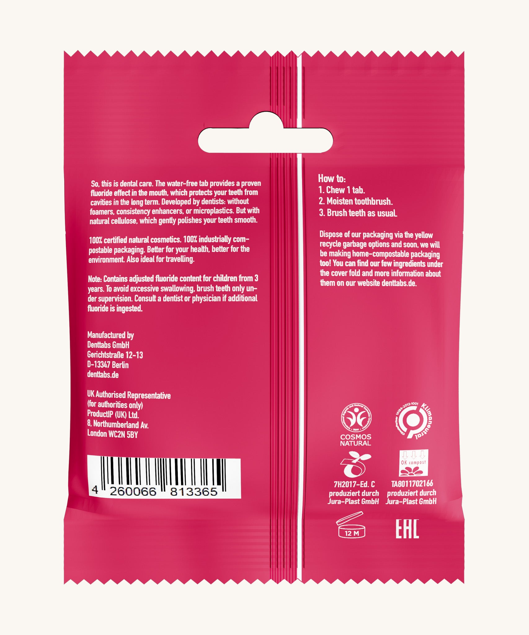 The back of the Denttabs toothpaste tabs in strawberry flavour.