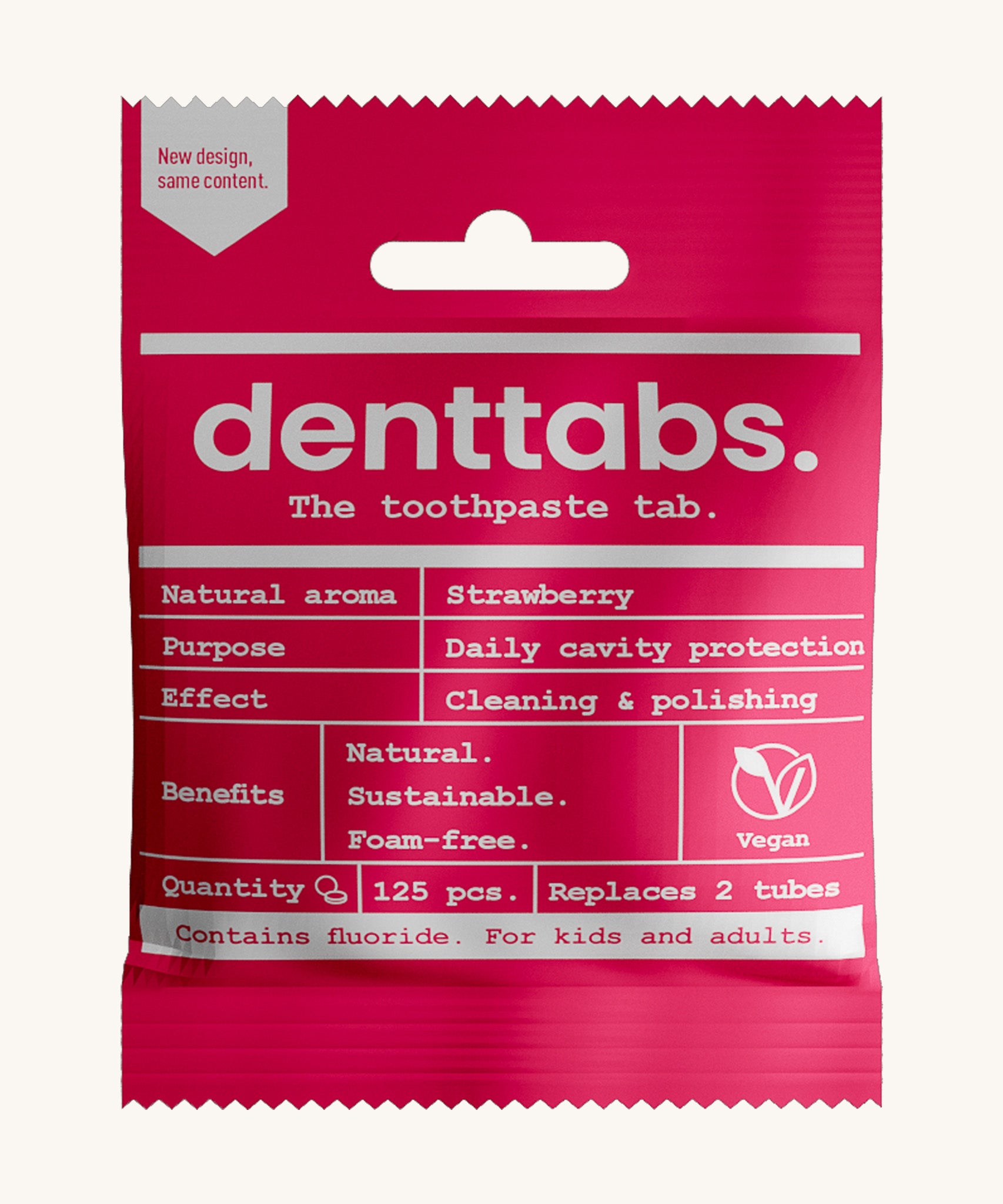 The Denttabs toothpaste tabs in strawberry flavour.