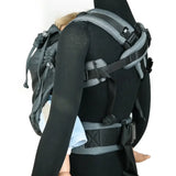 Double anthracite Didymos didyfix toddler full buckle carrier in the frontal position showing the padded shoulder straps 