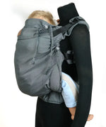 Double anthracite Didymos didyfix toddler carrier shown on mannequin showing neck rest adjusted to toddler's head